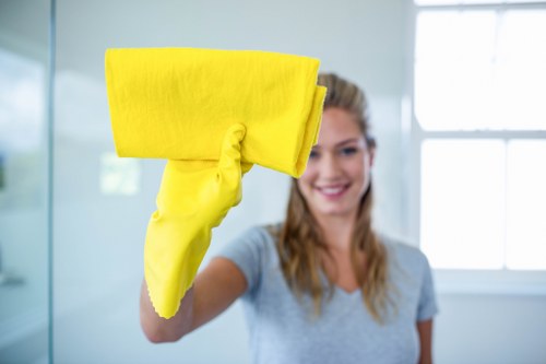 Professional cleaner sanitising shared hallway surfaces