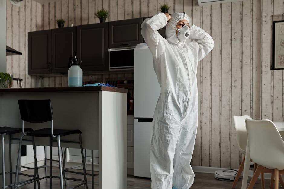 A person dressed in full protective gear, including a white outfit, gloves, face mask, and goggles, is performing surface cleaning in a modern interior space. They are holding a spray bottle and a cle